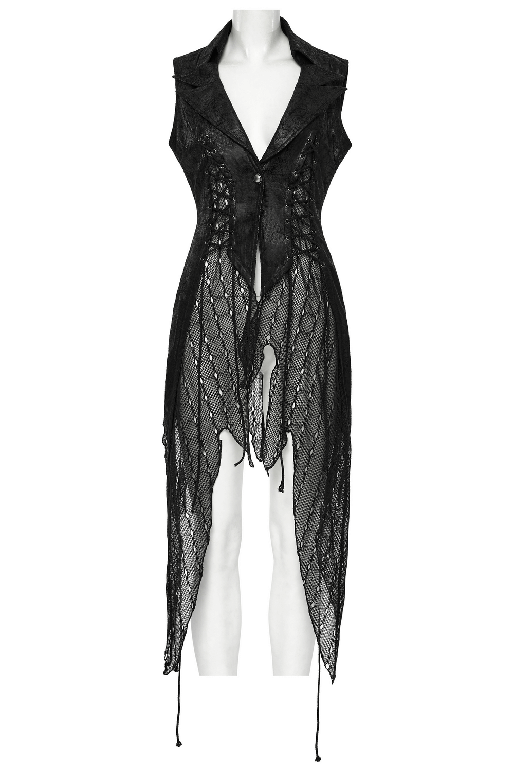 Gothic Alien Asymmetric Cape featuring lace-up design, cracked leather, and mesh detail for a bold dark fashion statement.