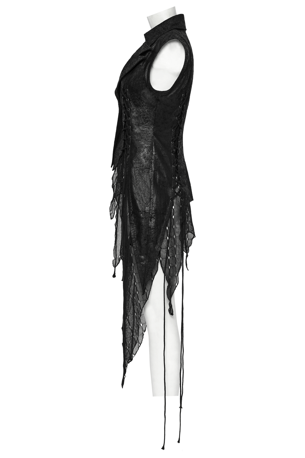 Gothic Alien Asymmetric Cape showcasing lace-up design and mesh for a dramatic dark fashion statement.