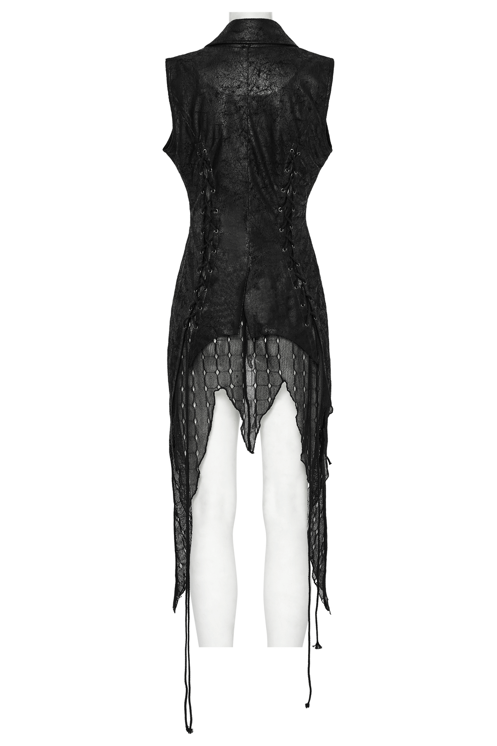 Gothic alien asymmetric cape featuring cracked leather, lace-up design, and mesh detailing for a daring dark fashion statement.