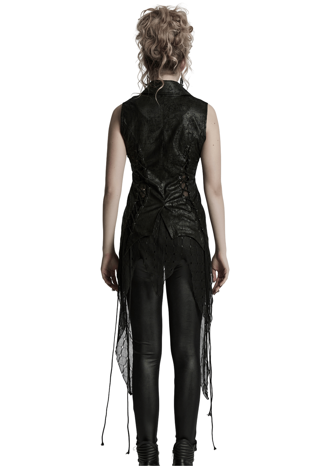 Back view of a Gothic Alien Asymmetric Cape with lace-up design and mesh detailing, showcasing its unique dark fashion style.