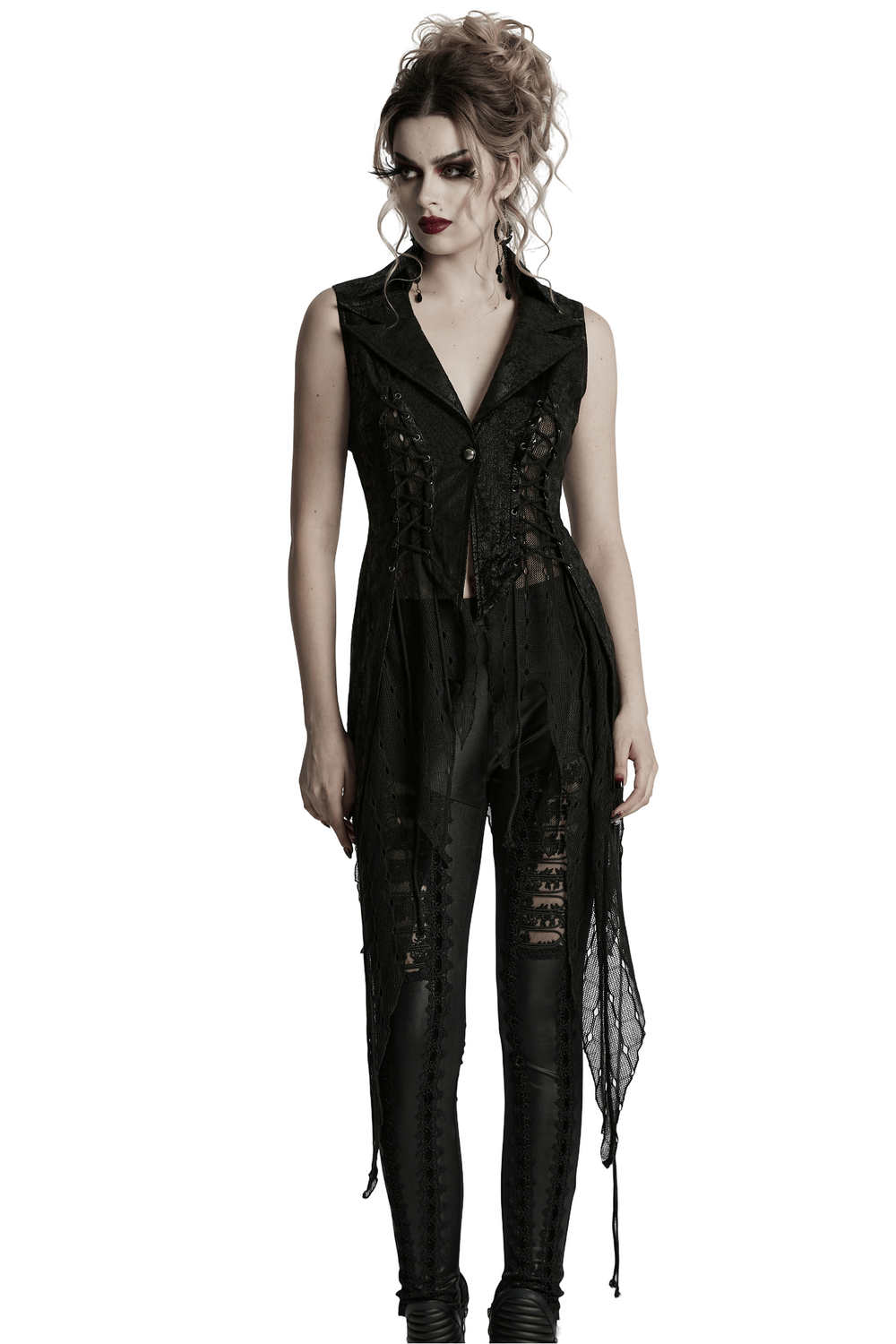 Gothic alien asymmetric cape with lace-up design, cracked leather, mesh, and dramatic irregular hem.