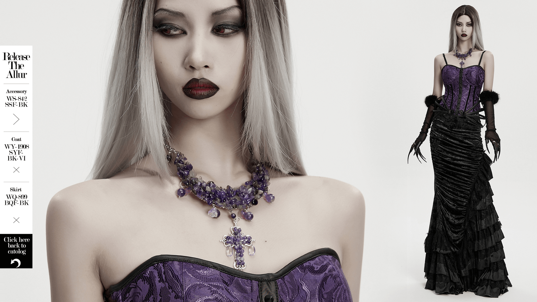 Gothic Amethyst Crystal Necklace with Cross Pendant worn by model in elegant gothic dress.