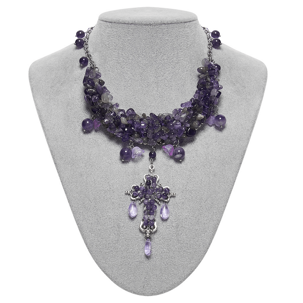 Gothic Amethyst Crystal Necklace with Cross Pendant featuring natural amethyst stones and an ornate cross.