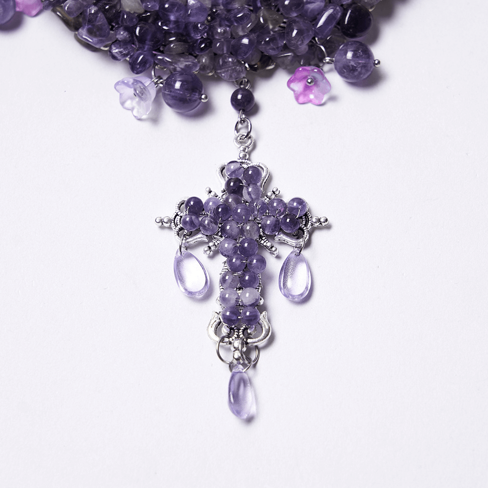 Gothic Amethyst Crystal Necklace with Cross Pendant featuring natural amethyst stones and an ornate cross design.