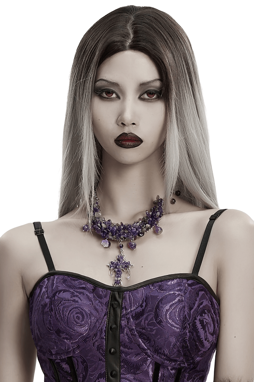 Gothic Amethyst Crystal Necklace with Cross Pendant worn by model in a purple corset, showcasing its dark elegance.