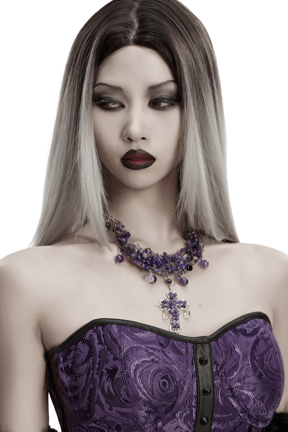 Gothic Amethyst Crystal Necklace with Cross Pendant worn by a model, featuring amethyst stones and an ornate cross centerpiece.