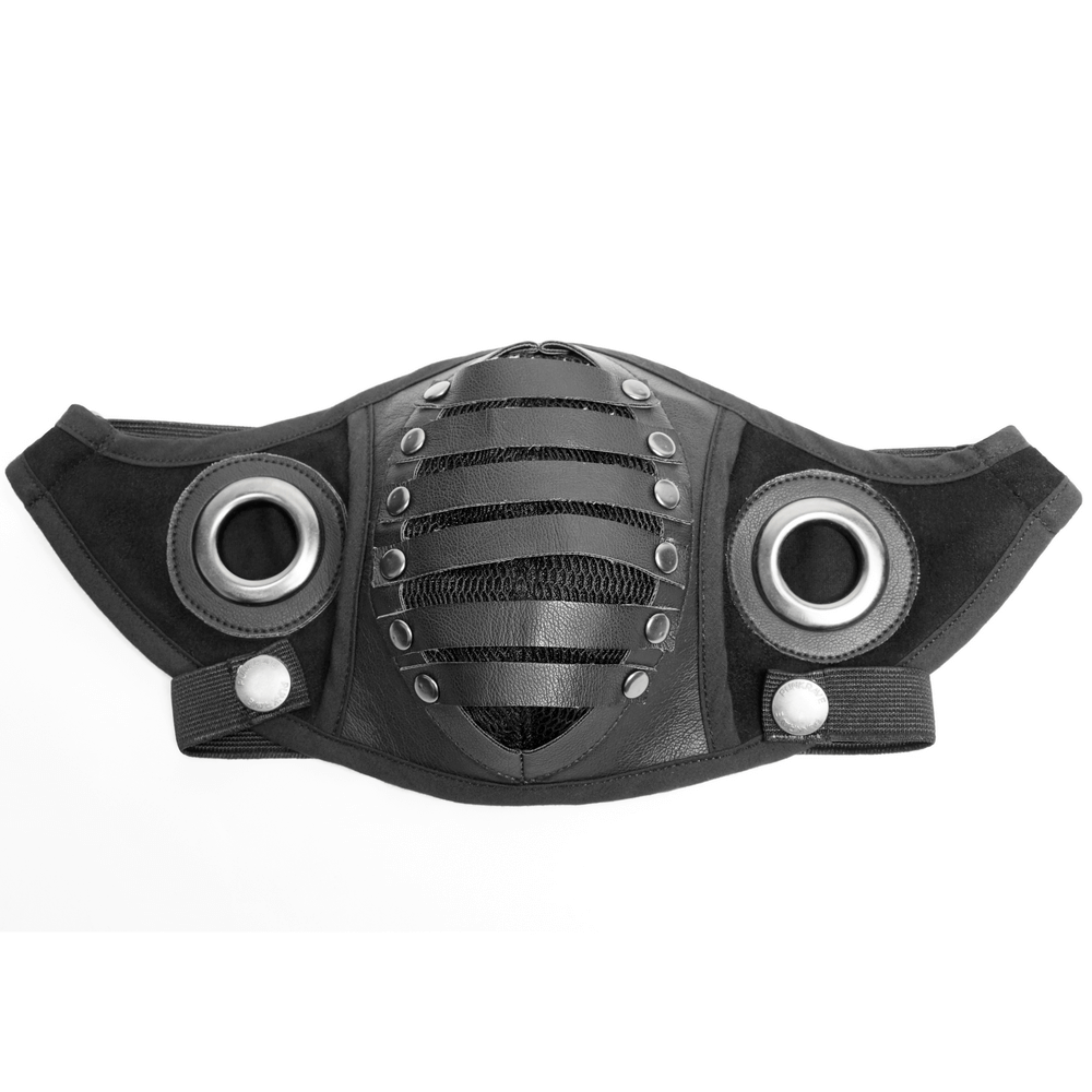 Gothic and punk black adjustable leather mask, crafted with suede and PU leather, featuring breathable netting and circular accents.