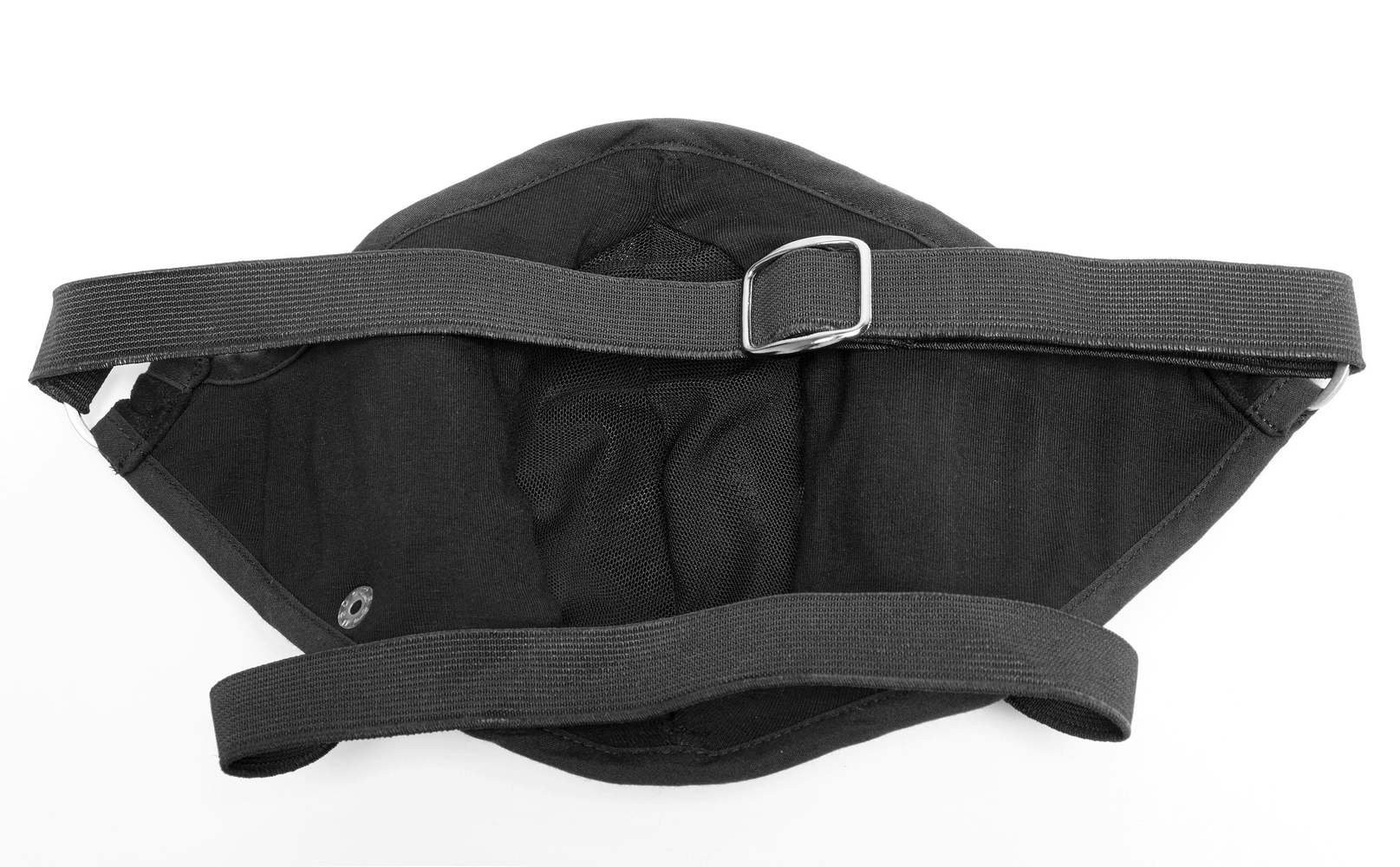 Interior view of a gothic punk black adjustable leather mask with breathable net and rubber straps.