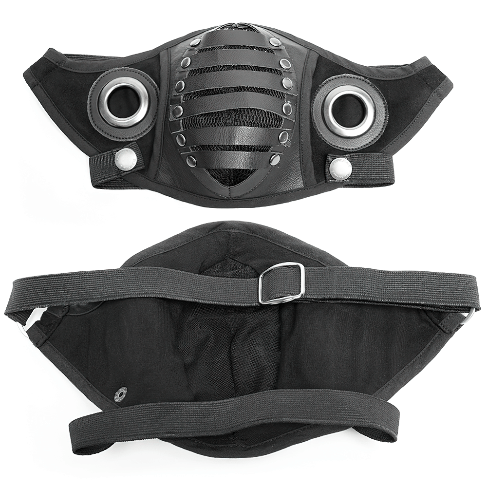 Gothic punk adjustable black leather mask with breathable net and stylish design, perfect for alternative fashion.