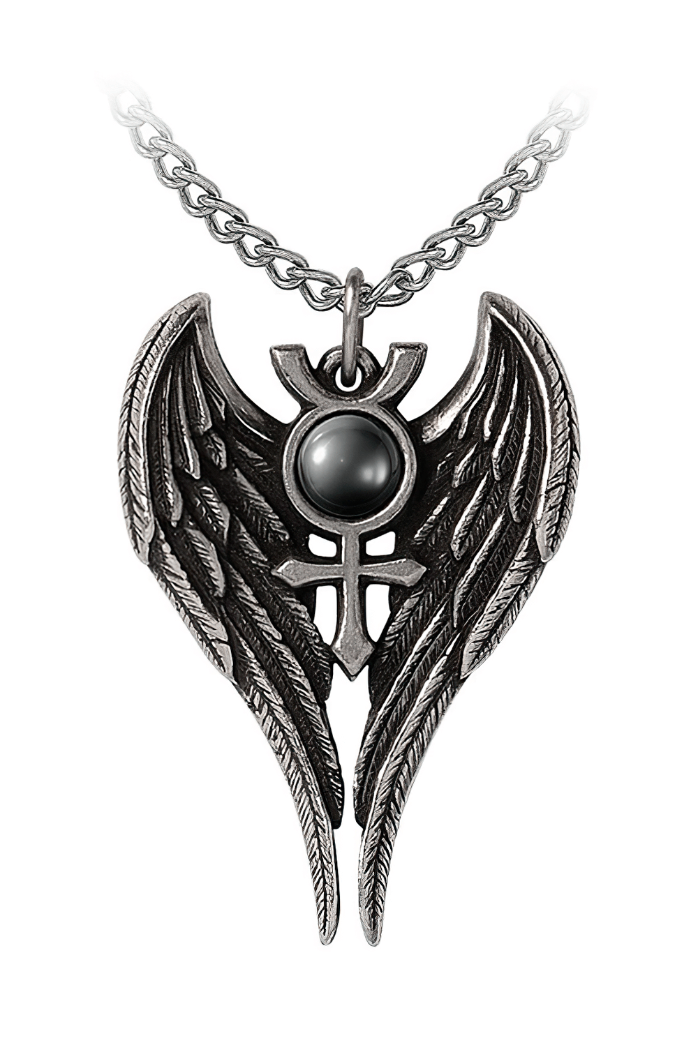 Gothic Angel Wing Pendant with Mercury Symbol and Stone featuring a haematite cabochon and detailed pewter wings.