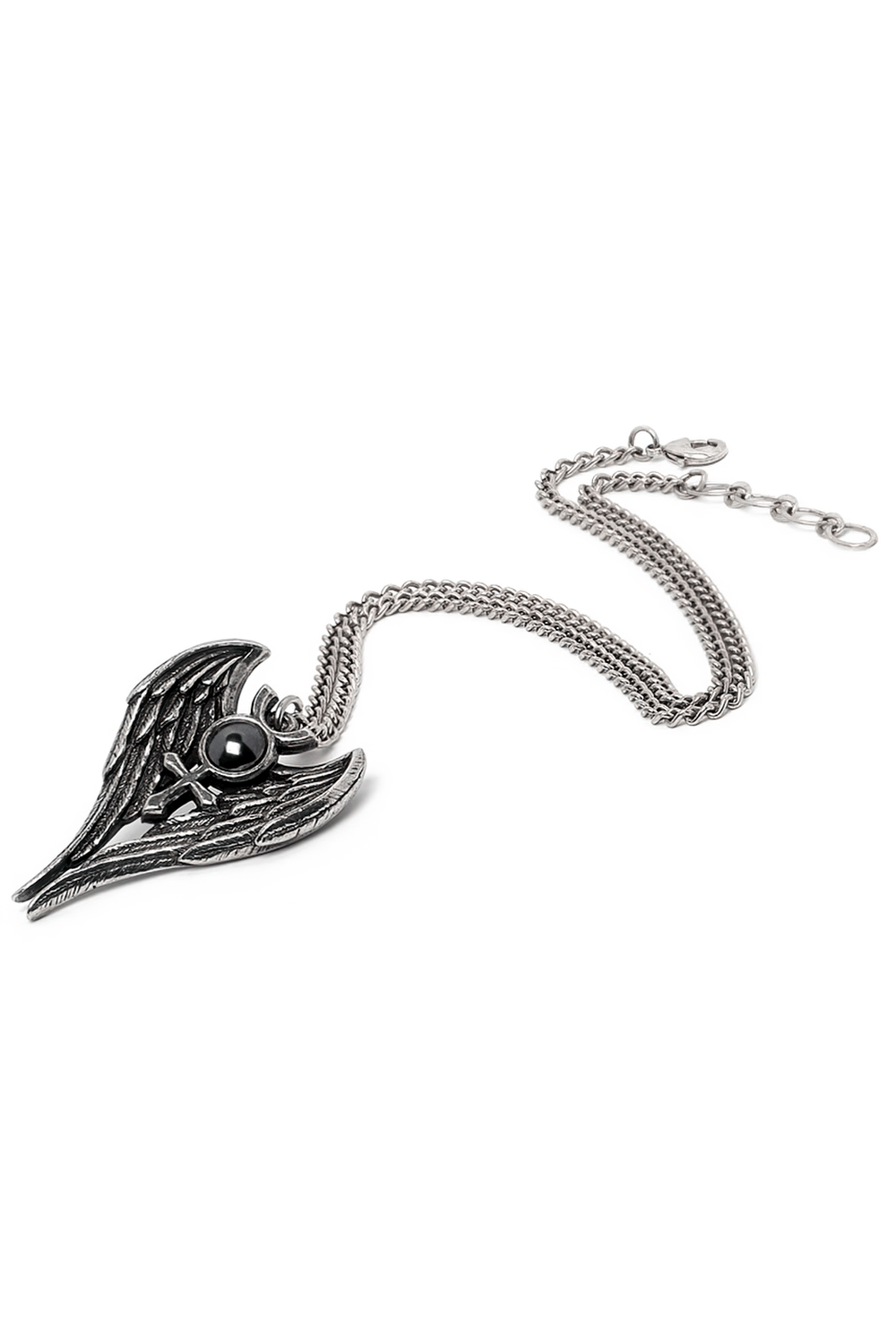 Gothic Angel Wing Pendant with Mercury Symbol and Stone on a chain, featuring a haematite cabochon.