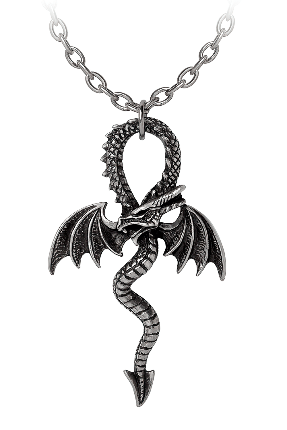 Gothic dragon-shaped ankh pendant with intricately detailed wings, handcrafted in fine English pewter.