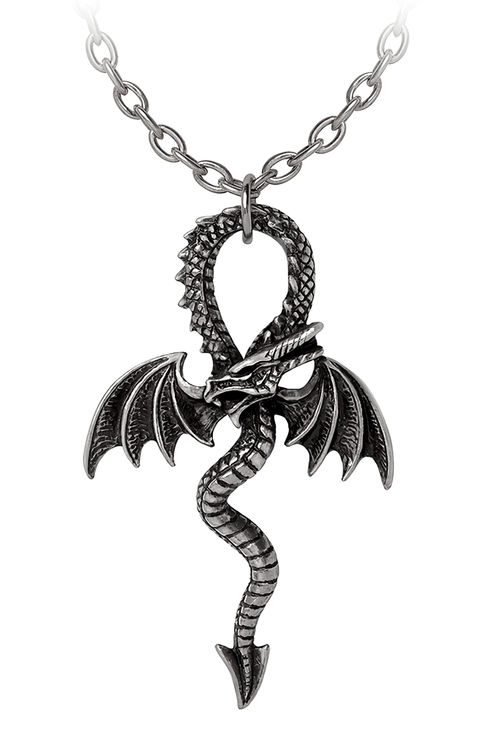 Gothic Ankh Pendant with Medieval Dragon and Wings