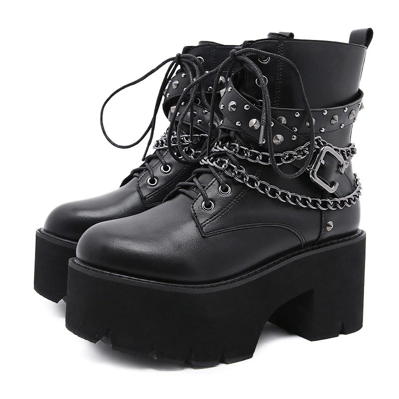 Gothic Ankle Boots For Women / Short Sexy Lady's High Heel Shoes With Lace-Up And Chain - HARD'N'HEAVY