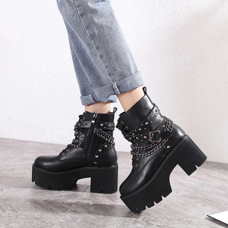 Gothic Ankle Boots For Women / Short Sexy Lady's High Heel Shoes With Lace-Up And Chain - HARD'N'HEAVY