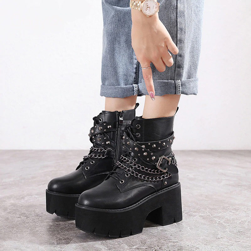 Gothic Ankle Boots For Women / Short Sexy Lady's High Heel Shoes With Lace-Up And Chain - HARD'N'HEAVY