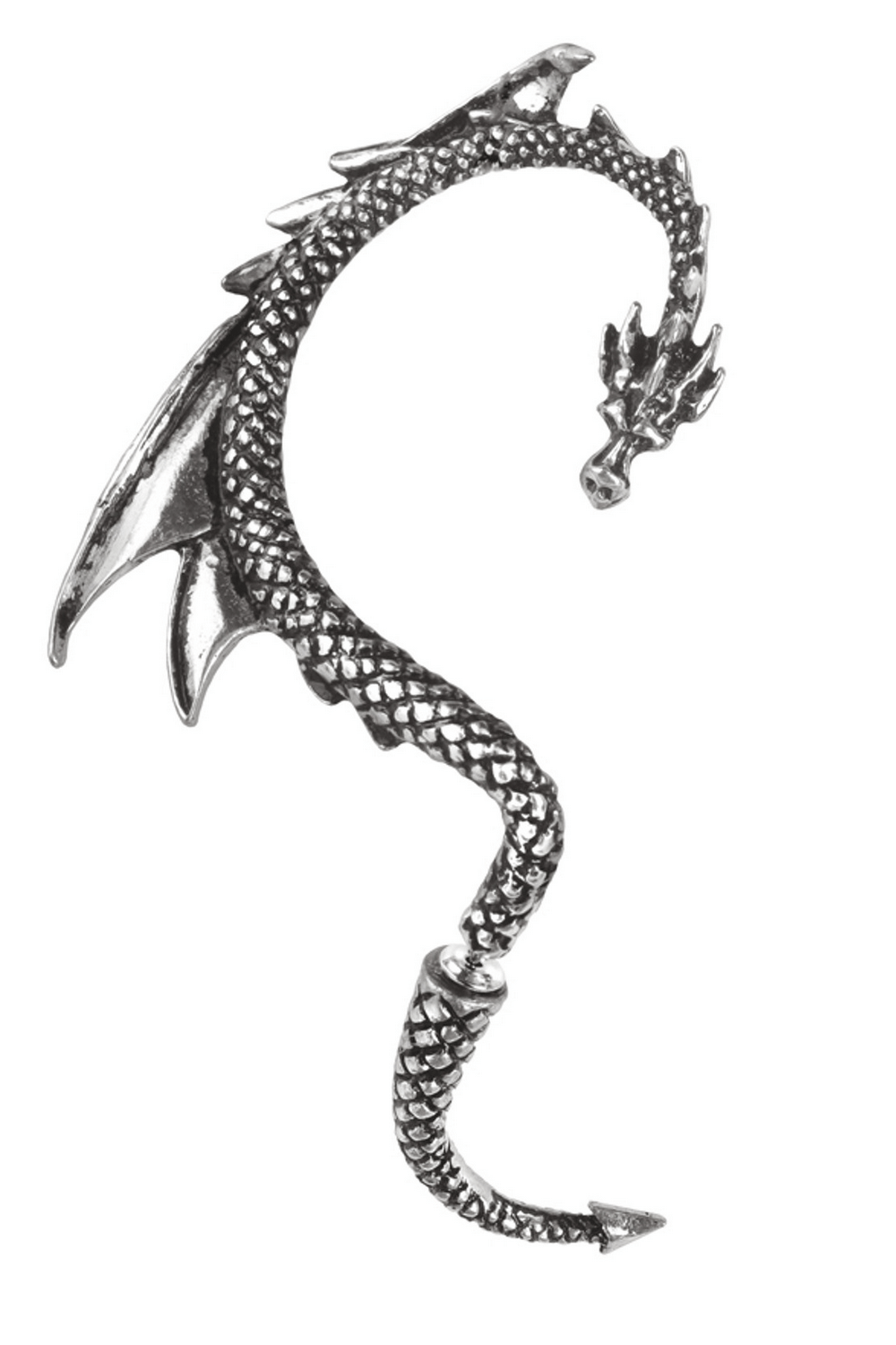 Gothic antique silver dragon ear wrap for right ear, detailed pewter design with wings, horns, and twisted tail.