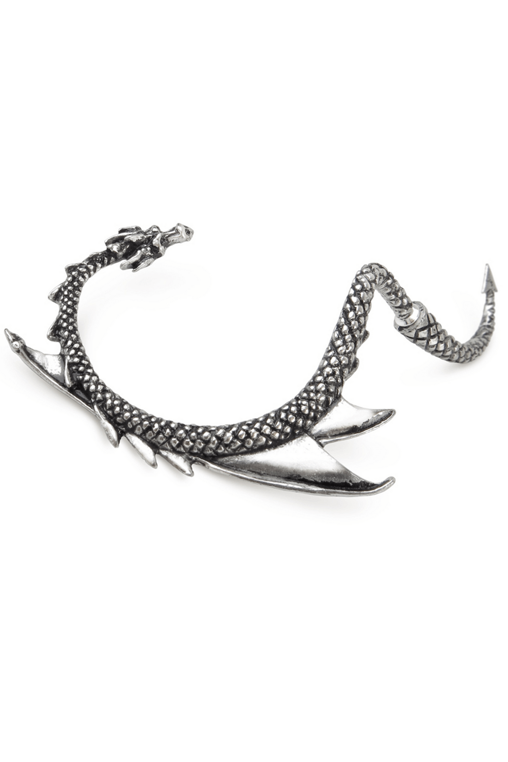 Gothic antique silver dragon ear wrap for right ear, detailed pewter design coiling elegantly.
