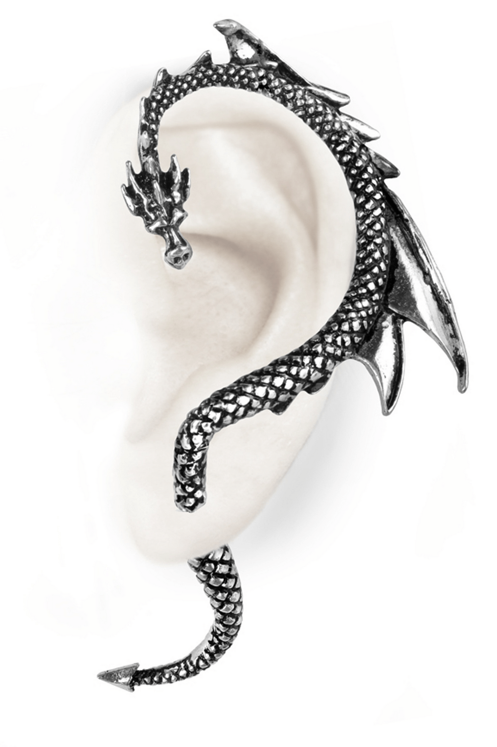 Gothic antique silver dragon ear wrap for right ear, intricately coiling around, adding dark fantasy flair.