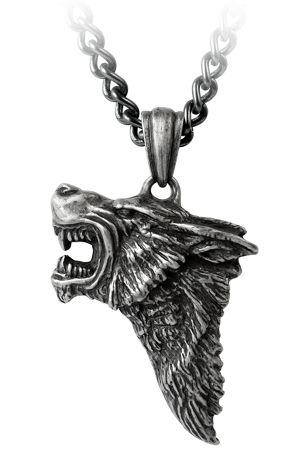 Gothic antiqued pewter dark wolf head pendant necklace, fierce Viking-style jewelry for bold style.