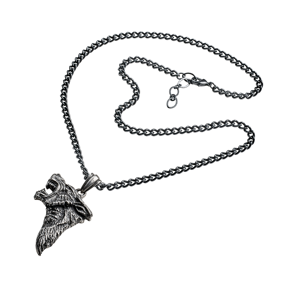 Gothic antiqued pewter wolf head pendant necklace, fierce Viking style jewelry for primal energy and strength.