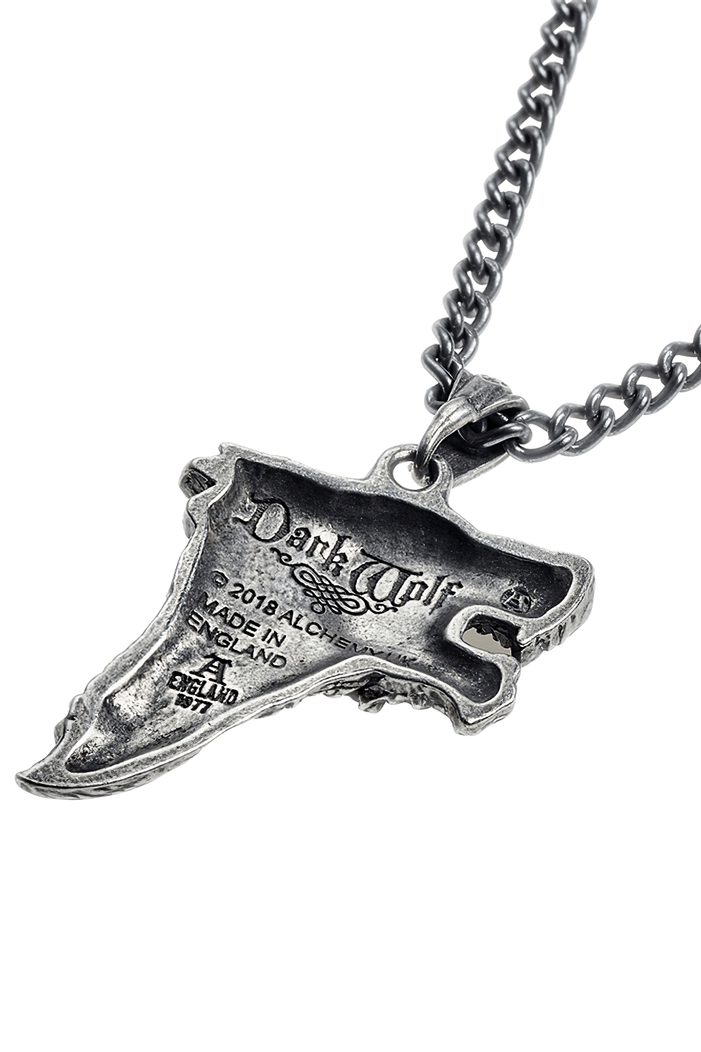 Antiqued pewter Dark Wolf head pendant necklace showcasing fierce Viking style and primal energy.