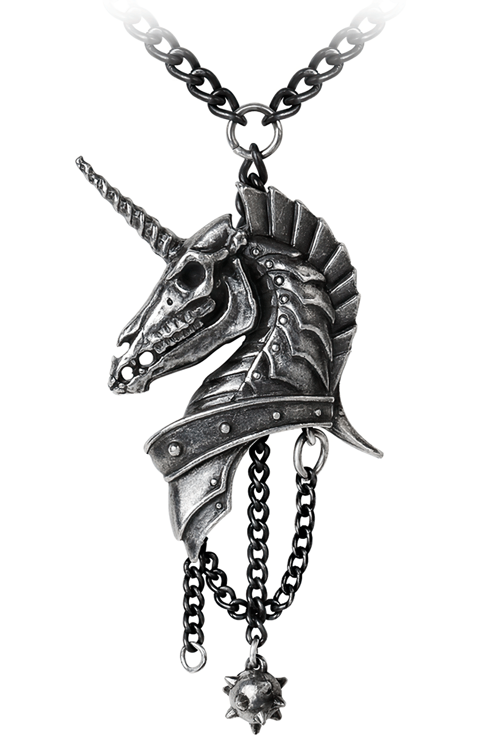 Gothic antiqued pewter skeletal unicorn head pendant on a black chain with morning star charm.