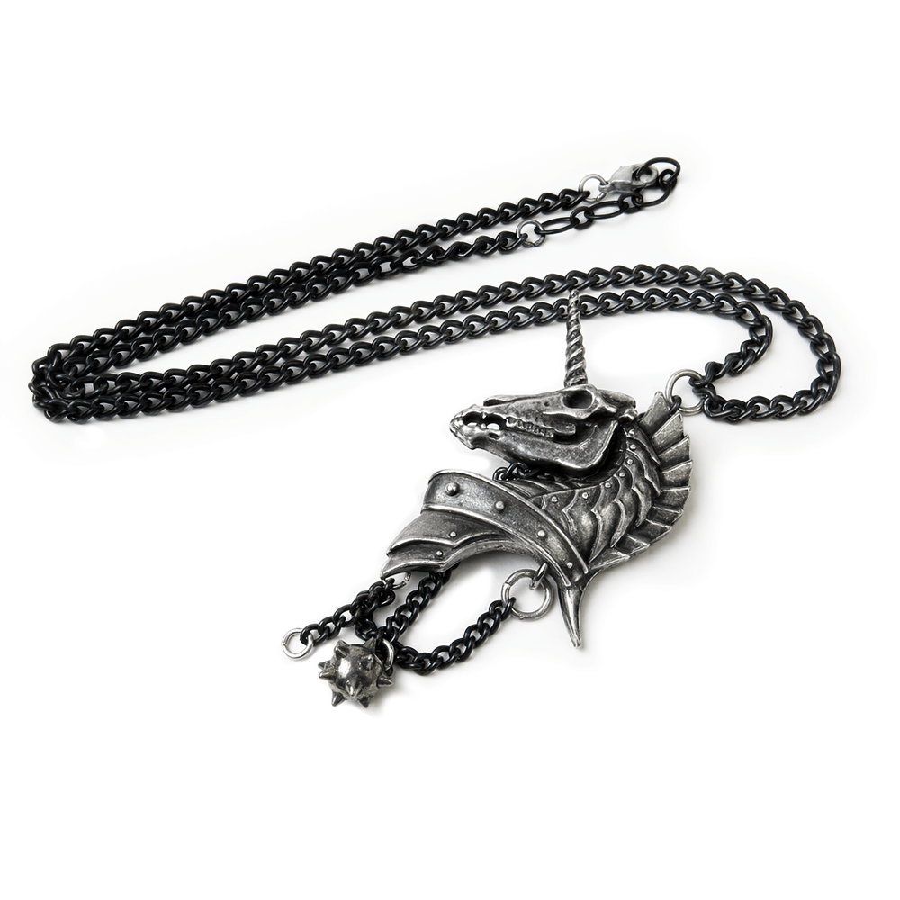 Gothic antiqued pewter skeletal unicorn head pendant on a black chain with morning star charm.