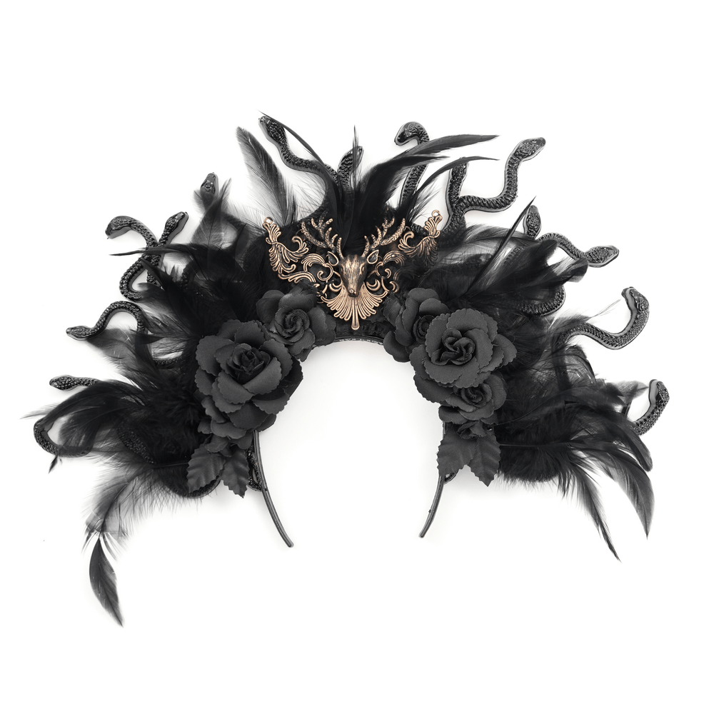 Gothic antler and snake feathered crown with black roses, perfect for dark fantasy cosplay and events.