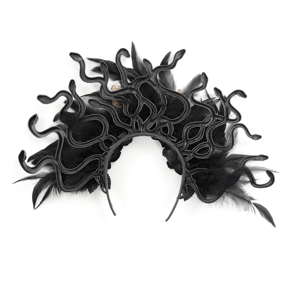 Gothic black feathered headpiece with antlers and snake designs for dark fantasy and cosplay.