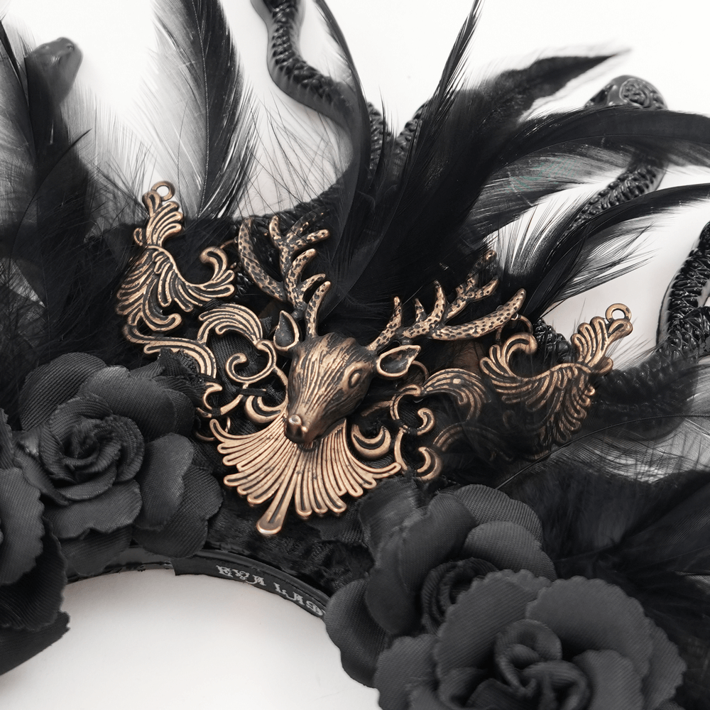 Gothic antler and snake black feather crown with roses, perfect for dark fantasy and cosplay.