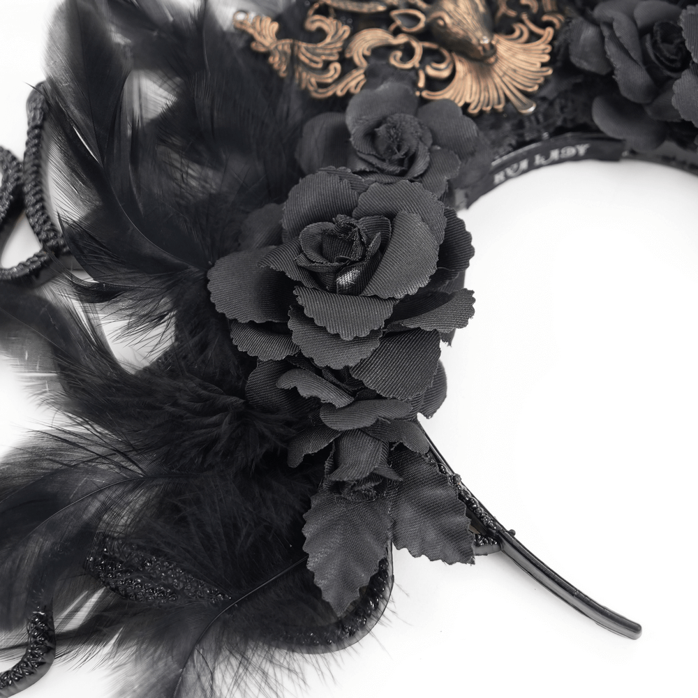 Gothic black feathered headpiece adorned with roses, perfect for dark fantasy events and cosplay.