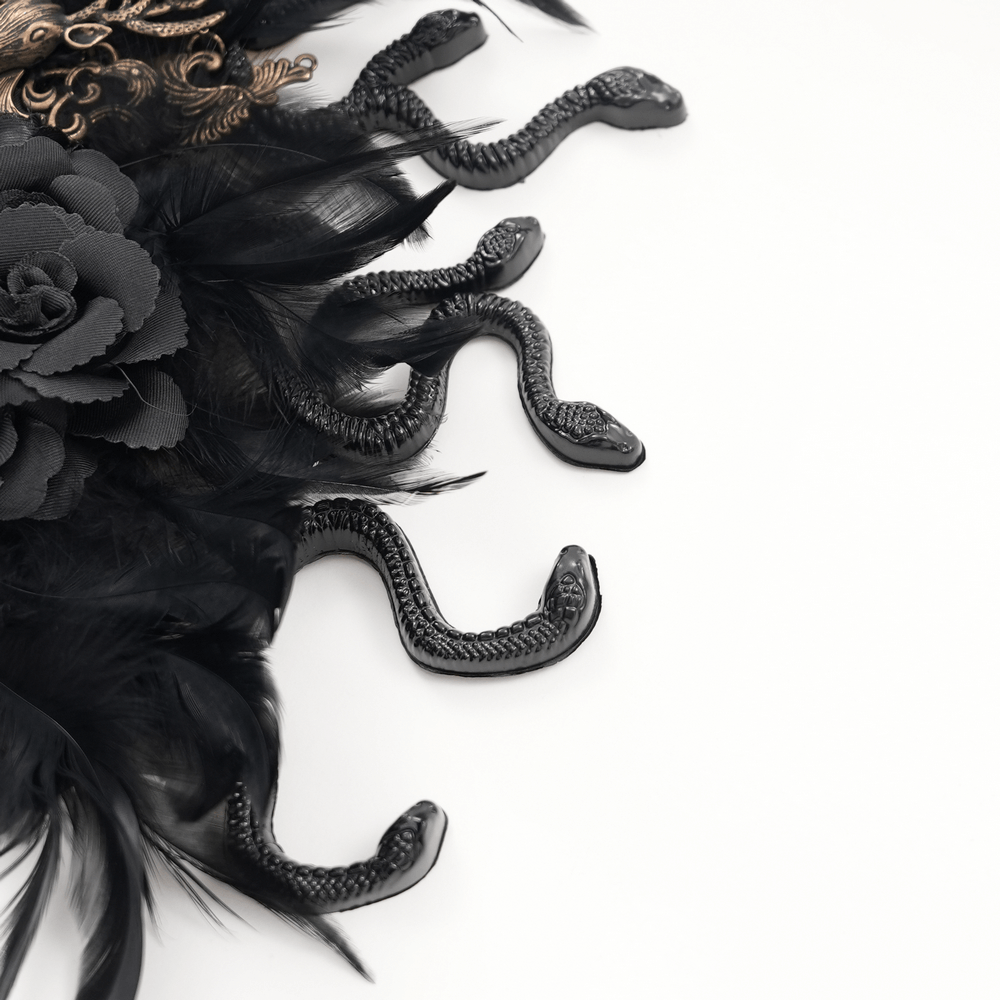 Gothic headpiece detail featuring black feathered snakes and roses, perfect for dark fantasy fashion.