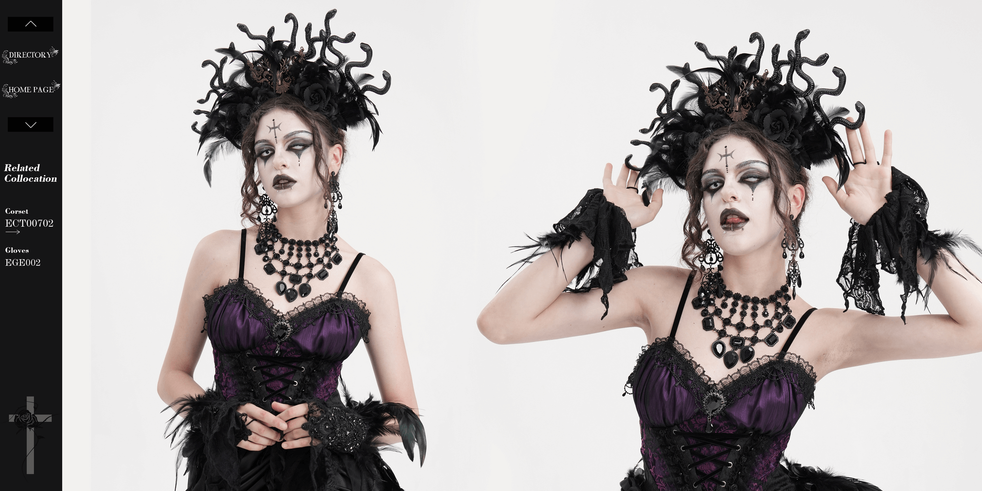Gothic model in a purple dress showcasing a Medusa-inspired headpiece and dark makeup, exuding dark elegance.
