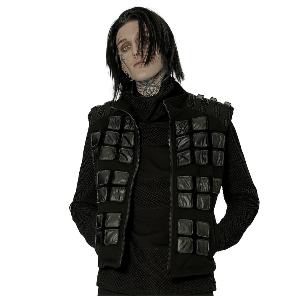 Gothic tactical vest with faux fur, denim, geometric patterns, and zippered front, perfect for a post-apocalyptic style.