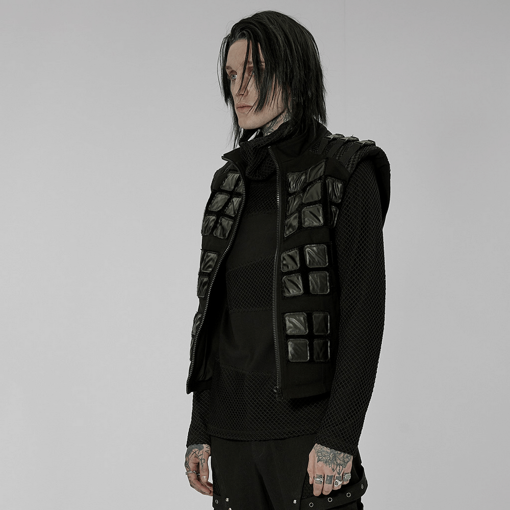 Gothic armor vest with faux fur and denim, featuring a tactical design and unique geometric patterns for a post-apocalyptic look.