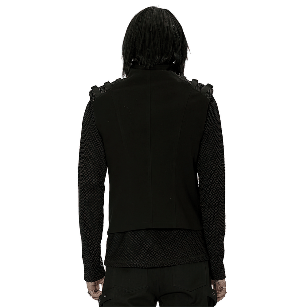 Back view of a Gothic armor vest with faux fur detail, showcasing a tactical post-apocalyptic design.