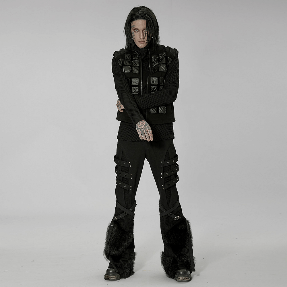Model showcasing a Gothic armor vest with faux fur accents and tactical style, perfect for a post-apocalyptic look.