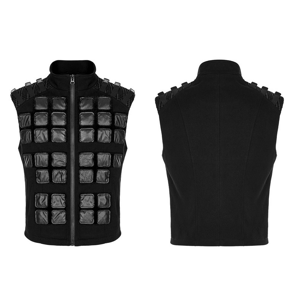 Tactical Gothic Armor Vest with faux fur, denim zipper, and distinctive geometric design.