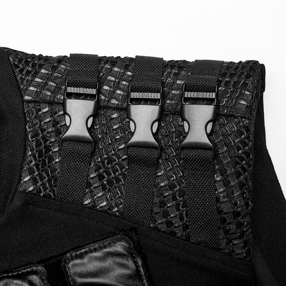 Close-up of black tactical vest detailing with woven straps and sturdy buckles, showcasing post-apocalyptic style.