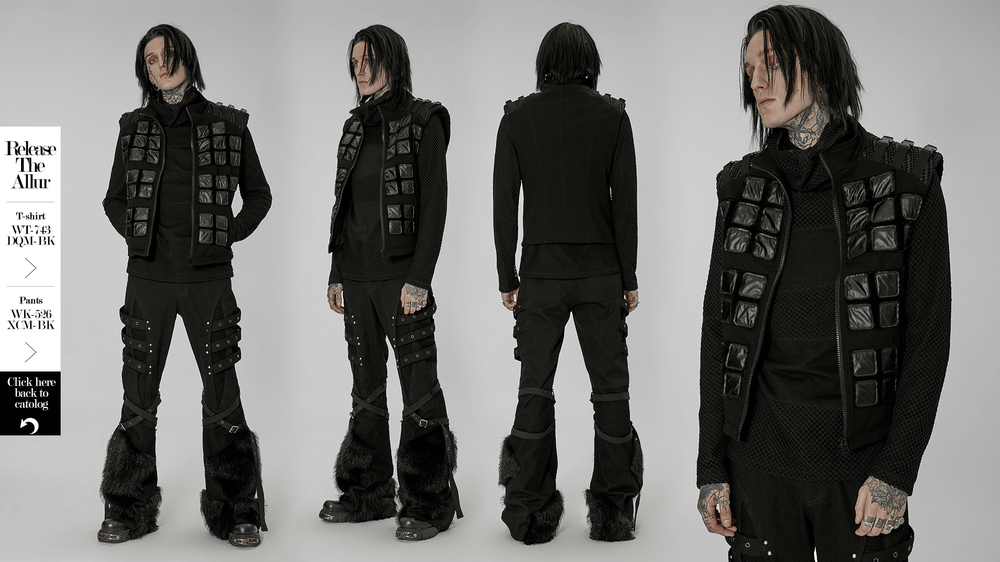 Gothic armor vest in faux fur and denim, featuring a tactical post-apocalyptic design and geometric patterns.