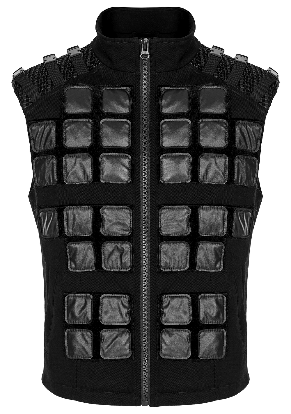 Gothic armor vest featuring faux fur and zippered front, designed with a unique geometric pattern for a post-apocalyptic look.