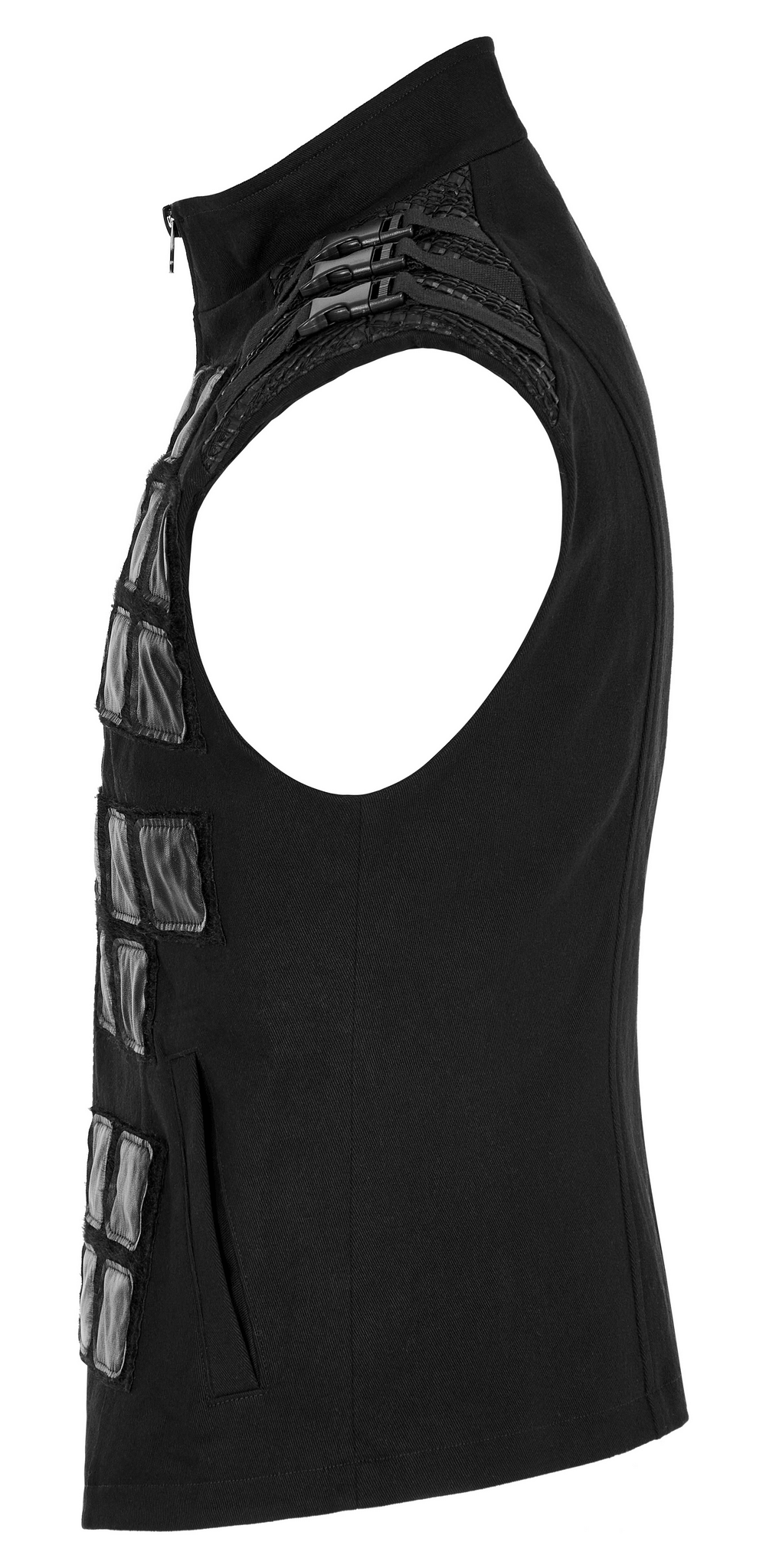 Gothic armor vest featuring faux fur and denim, showcasing a unique post-apocalyptic design and stylish geometric patterns.