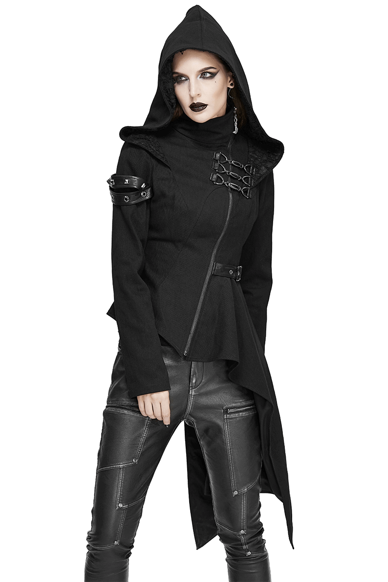 Gothic Asymmetric Jacket with Hood / Women's Diagonal Zip Jacket with Long Side - HARD'N'HEAVY