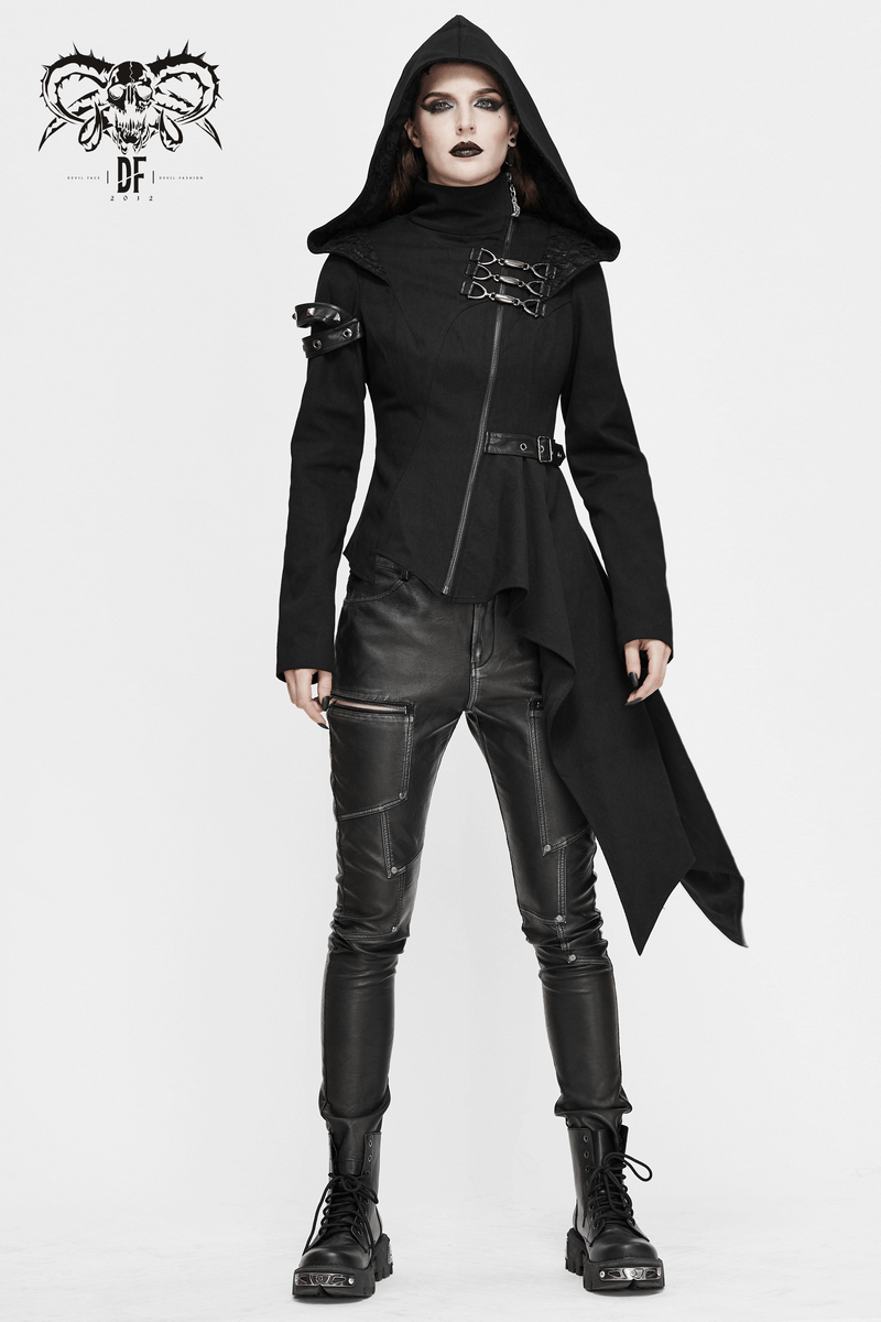 Gothic Asymmetric Jacket with Hood / Women's Diagonal Zip Jacket with Long Side - HARD'N'HEAVY