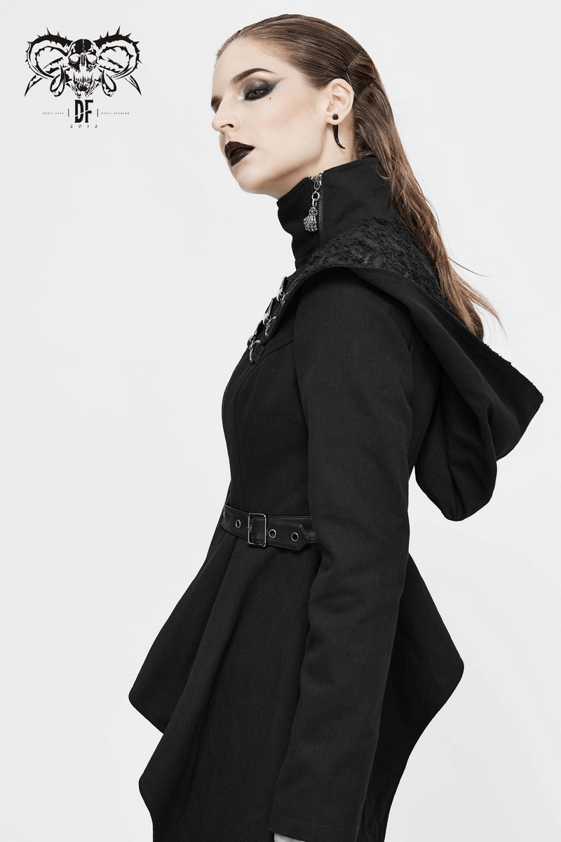 Gothic Asymmetric Jacket with Hood / Women's Diagonal Zip Jacket with Long Side - HARD'N'HEAVY