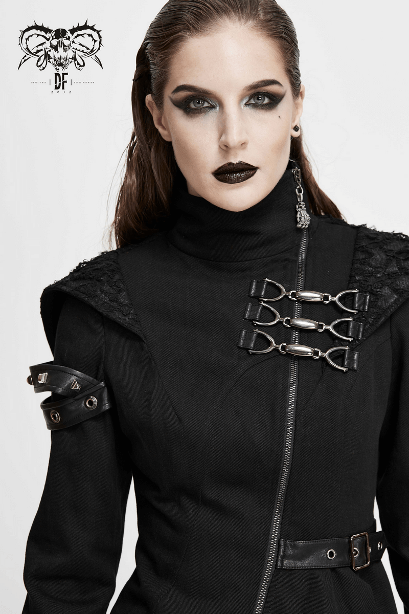 Gothic Asymmetric Jacket with Hood / Women's Diagonal Zip Jacket with Long Side - HARD'N'HEAVY