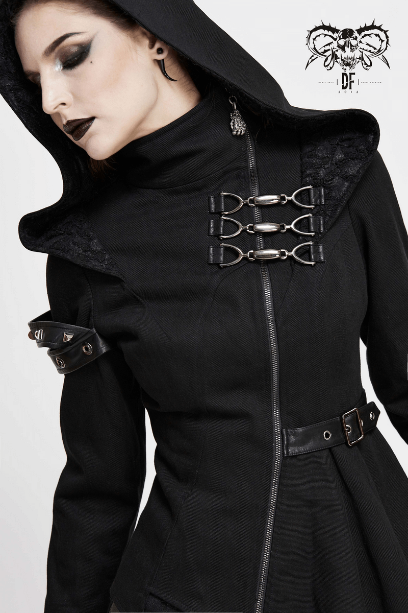 Gothic Asymmetric Jacket with Hood / Women's Diagonal Zip Jacket with Long Side - HARD'N'HEAVY