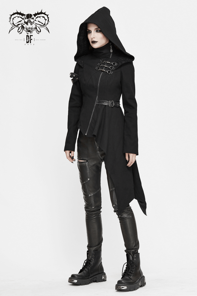 Gothic Asymmetric Jacket with Hood / Women's Diagonal Zip Jacket with Long Side - HARD'N'HEAVY