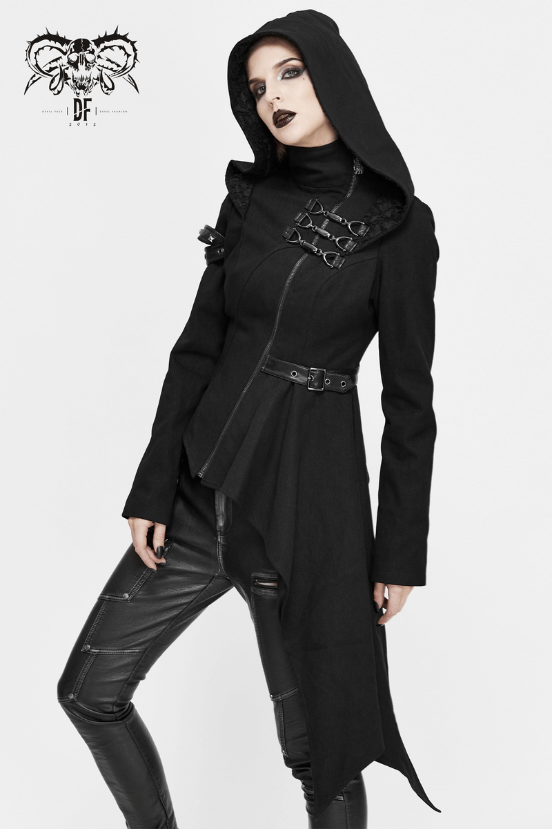 Gothic Asymmetric Jacket with Hood / Women's Diagonal Zip Jacket with Long Side - HARD'N'HEAVY